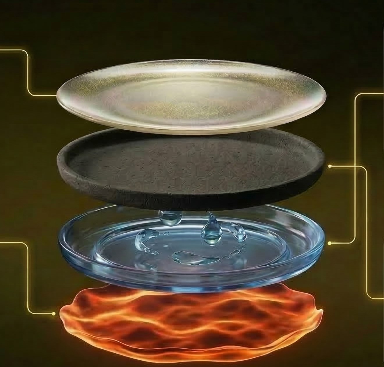 Four-layer ceramic stack showing finished tableware, process layer, water layer, and kiln base.